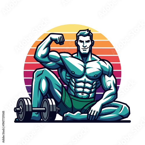 Muscular bodybuilder posing with dumbbells, showcasing strength and fitness.