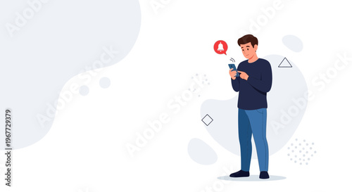 Man with smartphone receiving notification alert, modern flat illustration