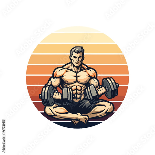 Muscular man meditating with dumbbells in a serene pose.