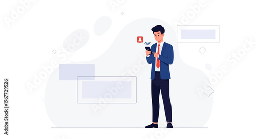 Businessman using smartphone with notification alert, modern office background