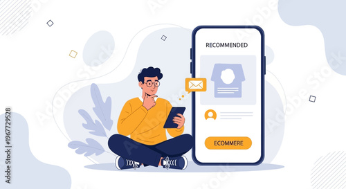 Man using tablet with e-commerce app on smartphone screen, online shopping concept