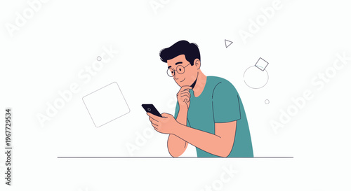 Man with glasses using smartphone, thinking, modern illustration, clean background