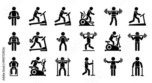 Set of various fitness and exercise icons showing people working out.