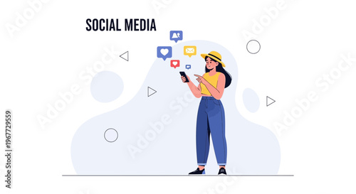 Young woman using smartphone with social media notifications, likes, hearts, and messages icons