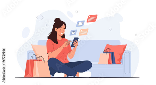 Woman shopping online on phone, sitting on sofa with shopping bags
