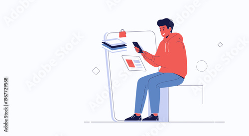 Young man using smartphone with digital interface and shopping bag icon, online shopping concept