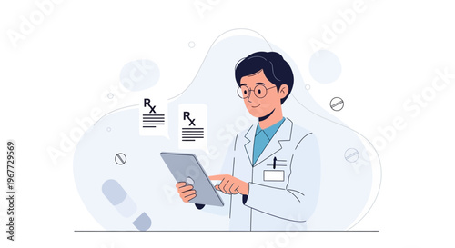 Doctor using tablet with Rx prescriptions, medical concept illustration