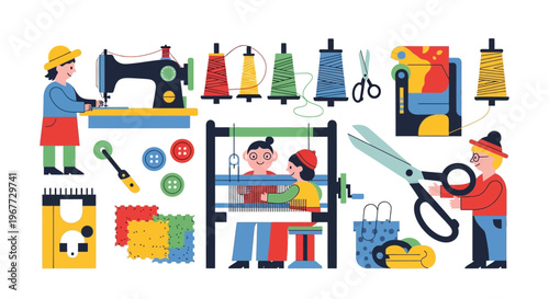 Textile Crafting and Sewing Workshop with Artisans and Tools.