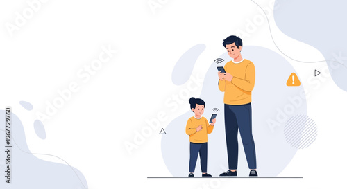Father and Son Staring at Smartphones, Digital Addiction Concept