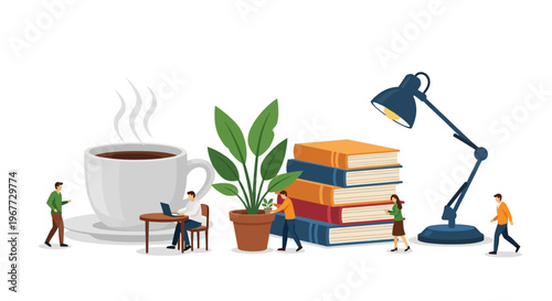 Tiny people studying and working with books, coffee, and plants.