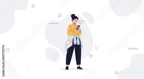 Young woman in casual clothes uses smartphone, receives message notification, modern illustration
