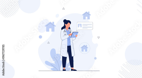 Doctor with Tablet and Houses Icons, Telemedicine Concept Illustration