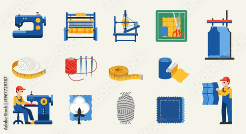 Textile Industry Production Process and Equipment Icons Set.