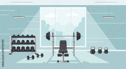 Weight bench with barbell and dumbbells, essential gym equipment for strength training.