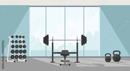 Weightlifting equipment in a modern gym with large windows.