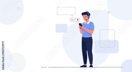 Man with headset using smartphone, receiving notification, customer service concept