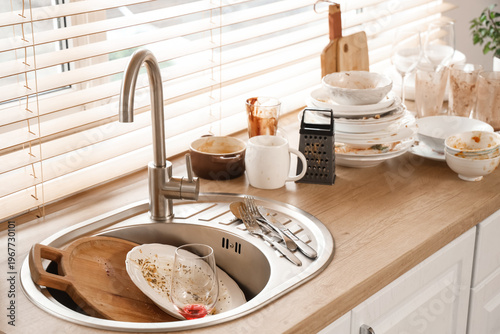 Many dirty dishes and glass...