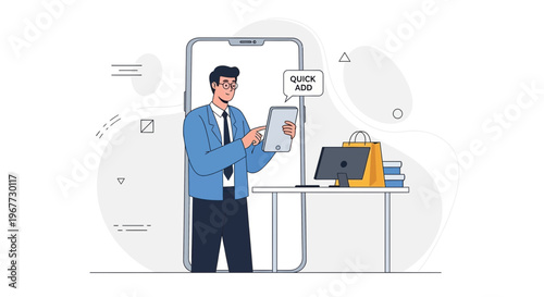Man using tablet for quick add online shopping, e-commerce concept