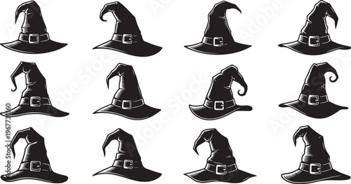 Collection of black witch hats on white background