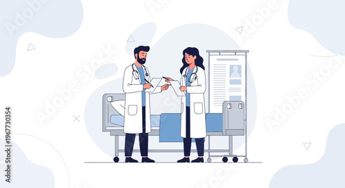 Doctors Discussing Medical Records Near Hospital Bed and Chart