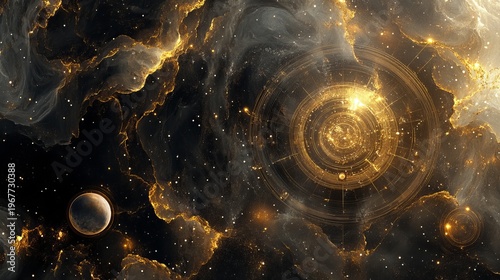 Abstract cosmic gold foil marble with sacred geometry celestial stars galaxy background