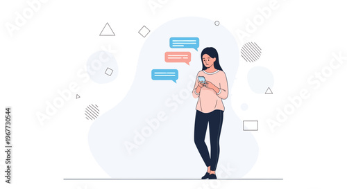Woman Texting on Phone with Chat Bubbles, Modern Flat Illustration