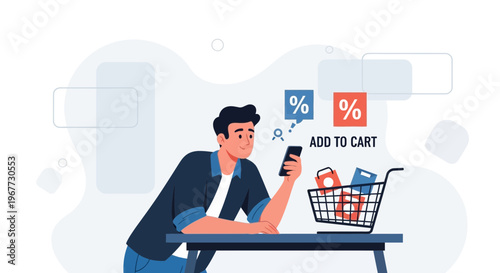 Man Shopping Online Using Smartphone, Adding Items to Virtual Cart with Discounts