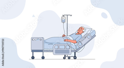 Elderly patient in hospital bed with IV drip, medical care and recovery concept
