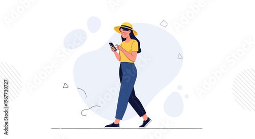 Woman in straw hat walking and using smartphone, flat illustration