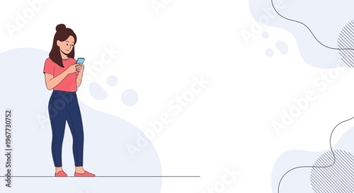 Young Woman Texting on Mobile Phone, Casual Style, Minimalist Background