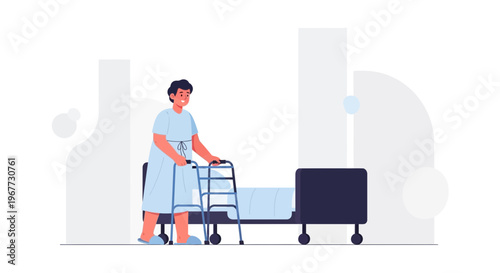 Elderly patient with walker in hospital room, rehabilitation and recovery