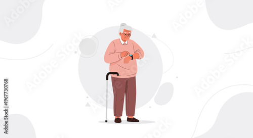 Elderly person with walking stick checking smartwatch, modern senior lifestyle illustration