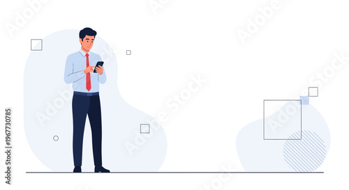 Young businessman using smartphone, modern office background, communication concept