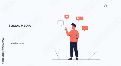 Social Media Concept: Man Interacting with Digital Content and Notifications