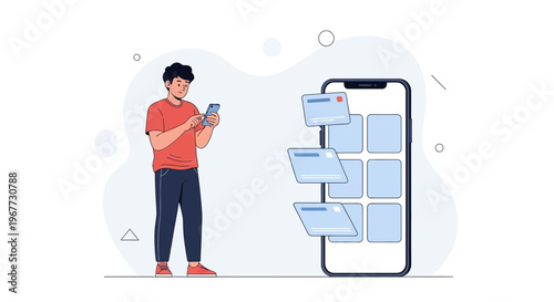 Man using smartphone with app icons and folders floating out, concept of mobile apps and data management