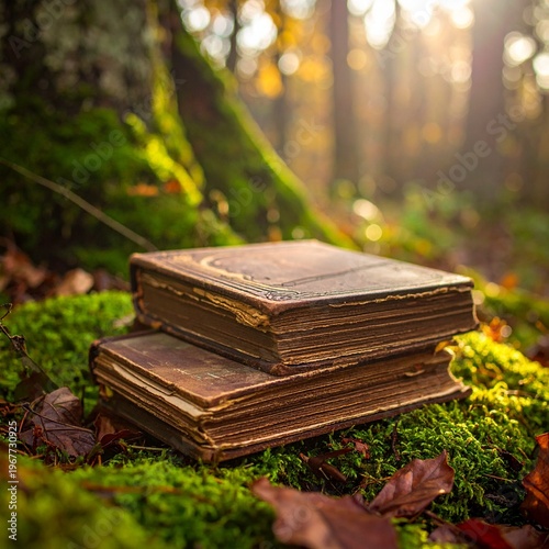 Wallpaper Mural Two old books resting on a mossy forest floor with sunlight filtering through trees. Torontodigital.ca