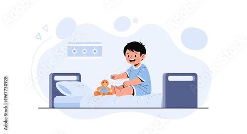 Happy child playing with teddy bear on hospital bed, illustration