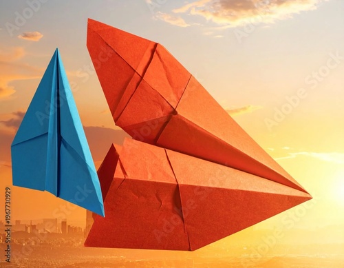 Wallpaper Mural Two paper airplanes, one blue and one red, soaring through a vibrant sunset sky. Torontodigital.ca
