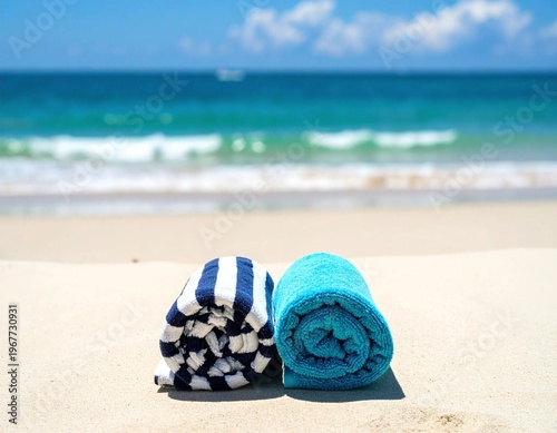 Wallpaper Mural Two rolled beach towels on a pristine white sand beach with a turquoise ocean and blue sky in the background. Torontodigital.ca