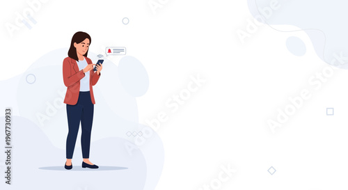 Woman checking phone with notification alert, worried expression, modern illustration
