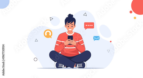 Young Man Sitting Cross-legged Using Smartphone, Chat Bubbles, Email Icon