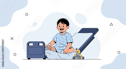 Happy child in hospital bed with teddy bear, medical care concept