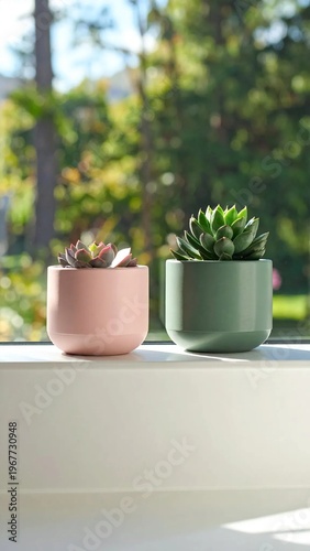 Wallpaper Mural Two Succulent Plants in Pink and Green Pots on a Sunny Windowsill. Torontodigital.ca