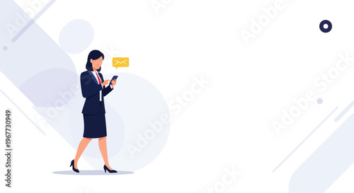 Businesswoman checking phone with email notification, modern office background
