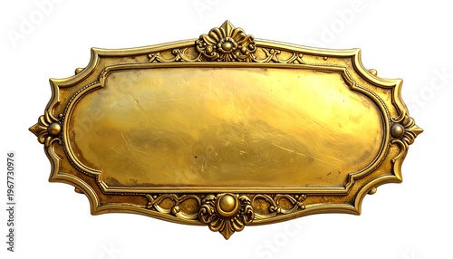 Ornate, antique, golden plaque with floral embellishments against white background