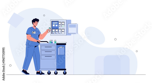 Male Nurse Organizing Medication on a Cart with Digital Display in Hospital