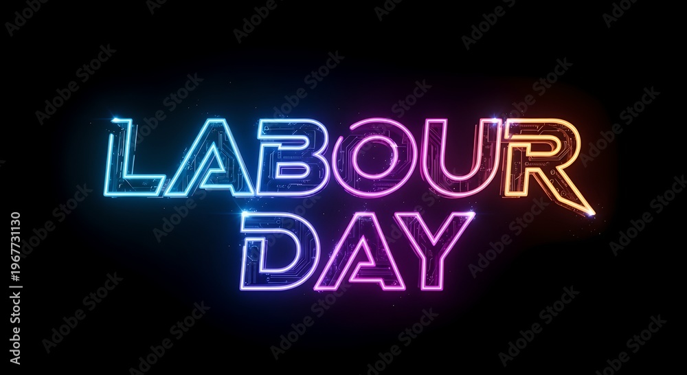 Fototapeta premium Neon sign reads Labour Day in colorful lights on black background