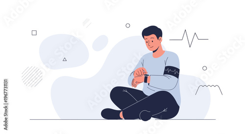 Man checking smartwatch with heart rate monitor, sitting cross-legged, abstract background