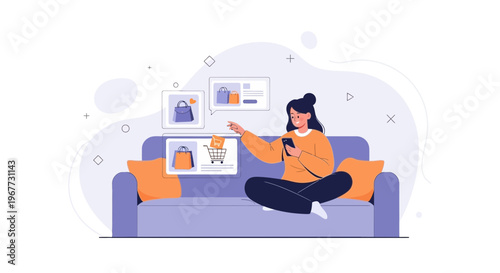 Woman shopping online at home on sofa with smartphone and laptop