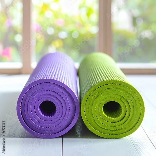 Wallpaper Mural Two rolled yoga mats, purple and green, ready for a workout or meditation session. Torontodigital.ca